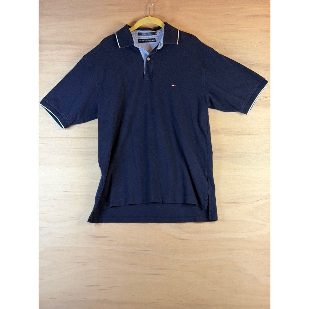 Tommy Hilfiger Mens Polo Shirt Large Navy Blue Short Sleeve Tipped Cotton Pique